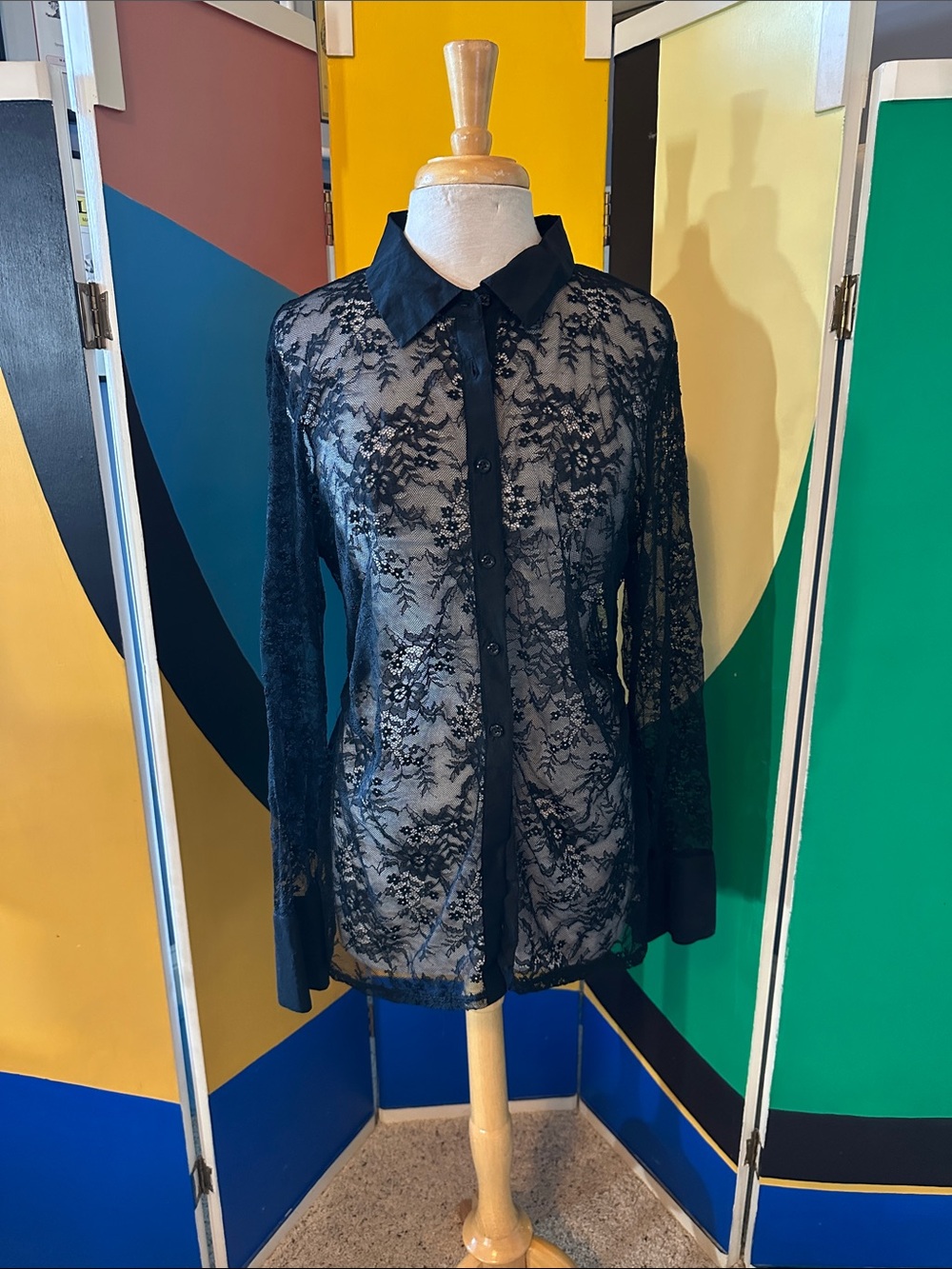 Sheer Black Lace Button-Down Blouse